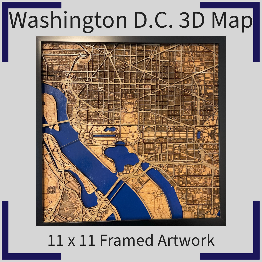 Washington D.C. Laser-Cut 3D Topographic Wood Map - 11 x 11 Framed Artwork