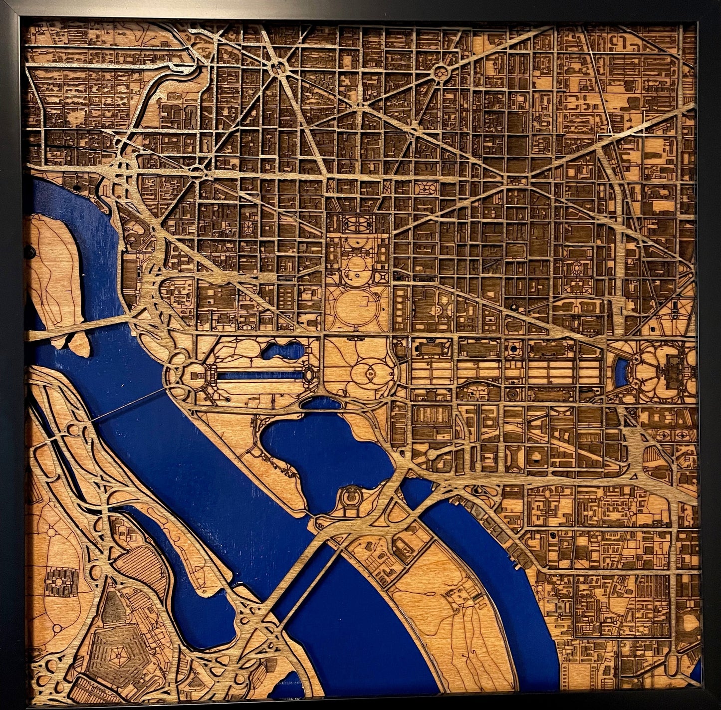 Washington D.C. Laser-Cut 3D Topographic Wood Map - 11 x 11 Framed Artwork